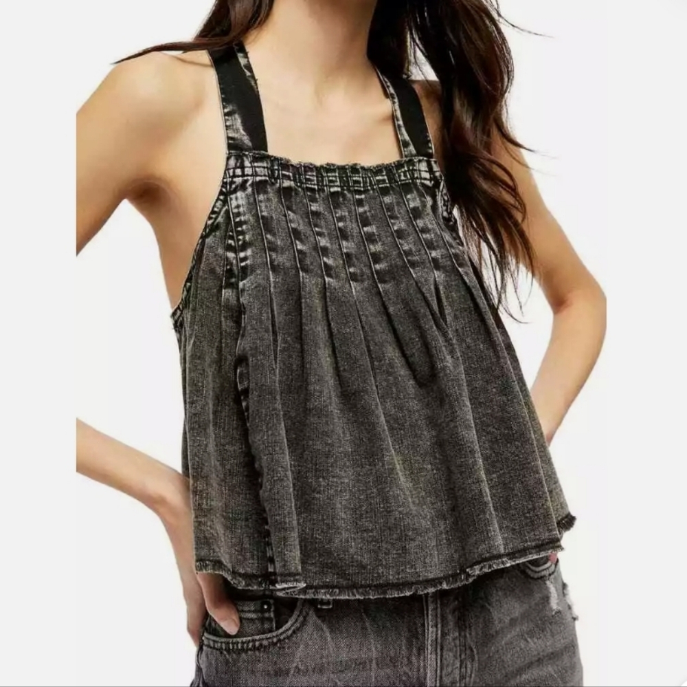 Free People Washed Black Marina Denim Top, Size XS Pre-owned